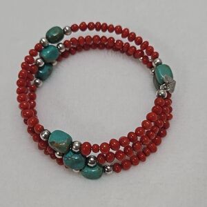 Red Coral and Turquoise Coil Bracelet